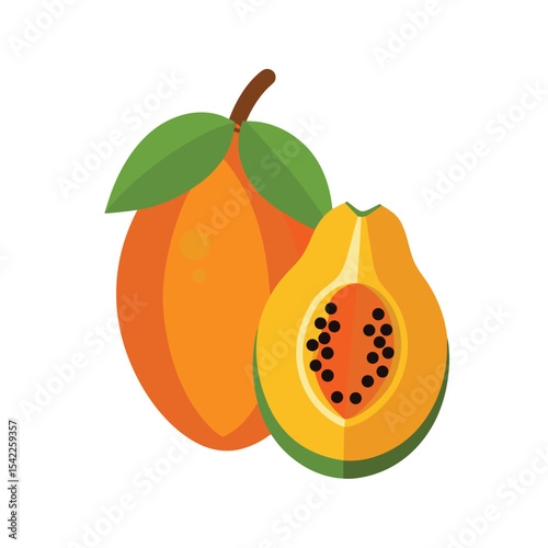 Vibrant Papaya Illustration Whole and Sliced Tropical Fruit