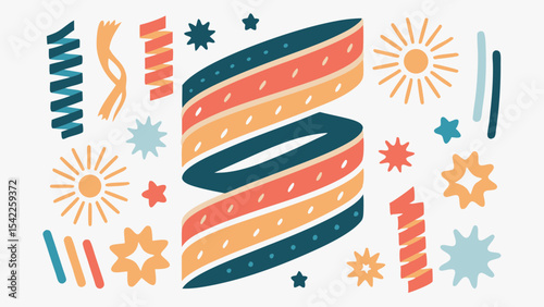 Illustration of a colorful party streamer with stars and suns on a white background design element