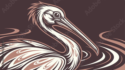 Illustration of a pelican with detailed feather patterns and a long beak in water scene design