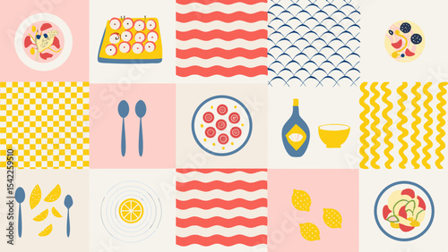 Collage of food related items with plates of food, lemons, spoons, and patterns arranged in a grid format