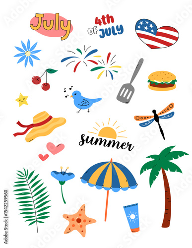 Cute July clipart, sticker set. Vector illustration collection of summer and vacation themed elements umbrella, palm tree. Independence day patriotic clip art. Planner stickers, summertime design
