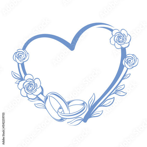 Wedding rings in a heart shaped blue flower frame, with a flower frame of roses, line drawing. Wedding invitation wreath