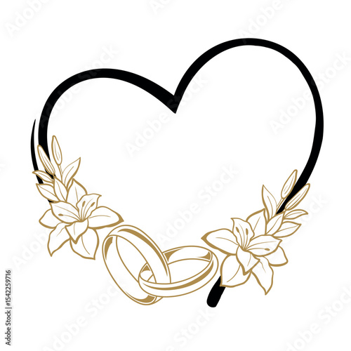 Wedding Traditional Heart Shaped Wedding Rings Frame with Gold Lilies. Floral Wedding Invitation Frame