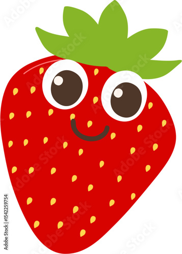 A cartoon strawberry with big eyes, a cheerful smile and a bright red body decorated with green leaves.
