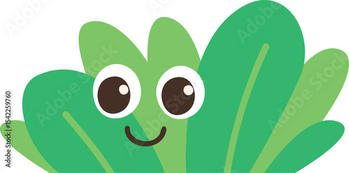 A cartoon bush with big eyes, a cheerful smile and a green body decorated with green leaves.