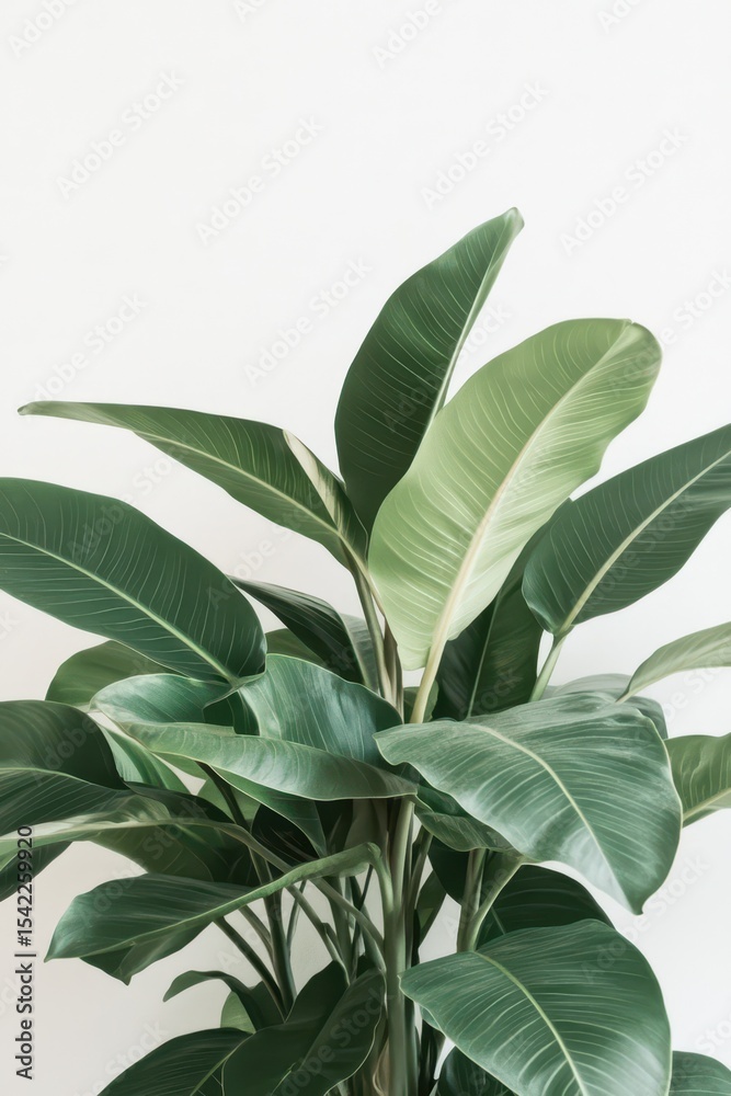 Obraz premium Tropical Foliage Serenity: A lush, verdant banana plant displays its expansive green leaves against a backdrop of clean, natural light, evoking a sense of calm and serenity.