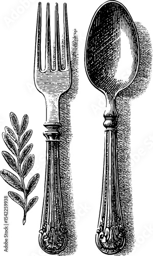 Vintage cutlery with laurel frame in engraving style for classic design projects