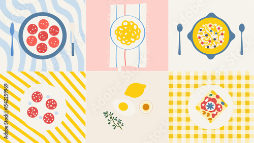 A collage of food plates including salami pasta soup eggs lemon and a floral decorated dish on patterned backgrounds