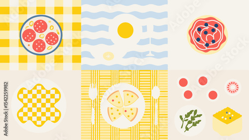 Assorted food items displayed in a grid pattern with various backgrounds and table settings shown here now