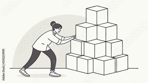A woman pushes a large stack of boxes in a black and white illustration with a light gray background design