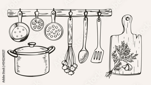 Illustration of kitchen utensils hanging on a rack with a pot and a cutting board with herbs and garlic