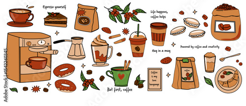 Coffee lover's delight: espresso, cappuccino, and beans for kitchen decor.