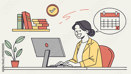 Woman working at computer with books and plant on shelf and calendar in speech bubble is present here