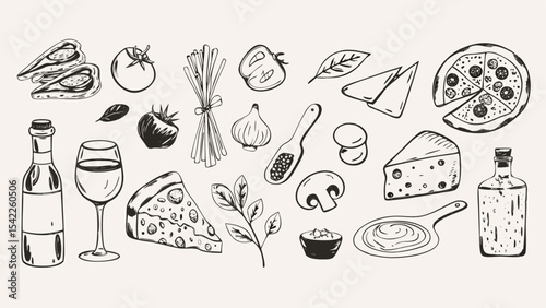 Illustration of italian food ingredients including pizza pasta cheese wine and vegetables in line art style