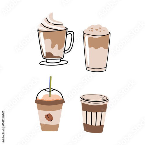 Variety of coffee drinks illustration for menu design and cafe promotion.
