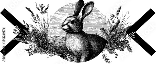 Vintage easter rabbit with grass border - engraving design for holiday cards and decor