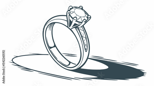 Illustration of a diamond ring with a shadow on a white background showing the details of the ring design
