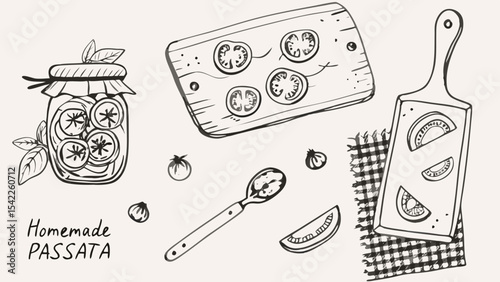 Hand drawn illustration of homemade passata jar with tomato slices and wooden boards and a spoon sketch