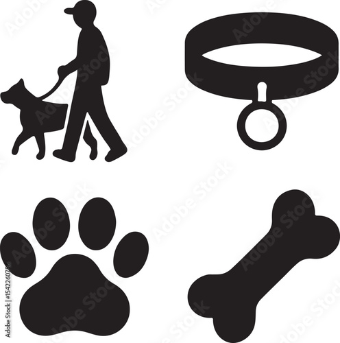 Dog care icon set. Containing dog walking, bone, paw print, and pet collar symbols. Pet ownership and dog-related icons. Solid silhouette collection.