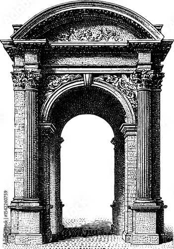Vintage architectural engraving of ornate classical archway for historical design projects