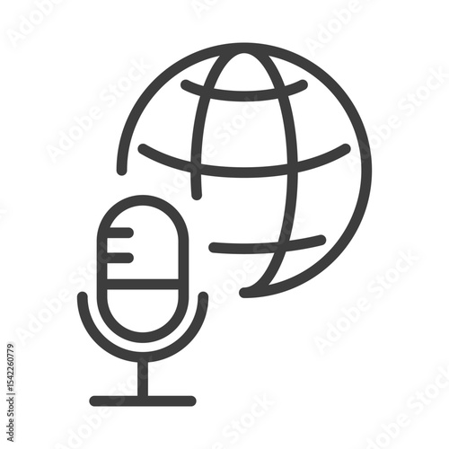 global communications clip art icon symbol, microphone and globe, live streaming, content creation, isolated line vector illustration