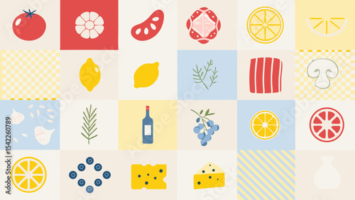Illustration of various food items including fruits vegetables cheese and wine in a grid pattern layout