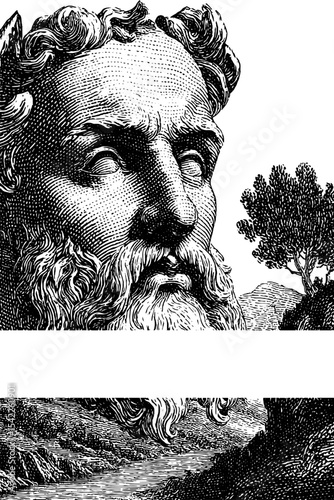 Vintage etched scene with mythological figure and nature elements in engraving style