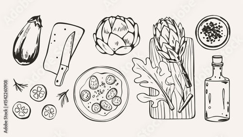Hand drawn sketch of eggplant, artichokes, cucumbers, herbs, oil, and a knife on a cutting board scene