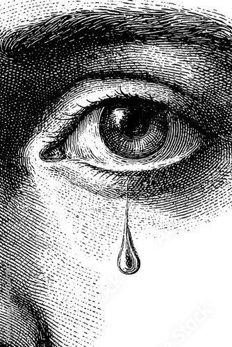 Vintage engraving of an eye with tear in detailed pencil sketch style