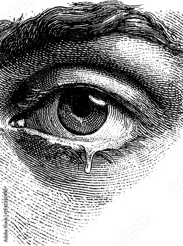Eye with tear in vintage engraving style illustrates emotion and sadness