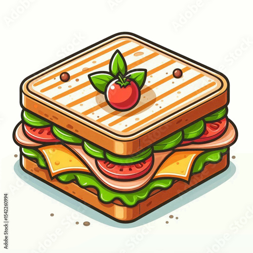 Square sandwich toasted bread cheese ham tomato lettuce basil and brown grill marks