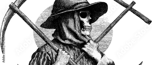 Grim reaper emblem with scythe in vintage engraving style for halloween designs