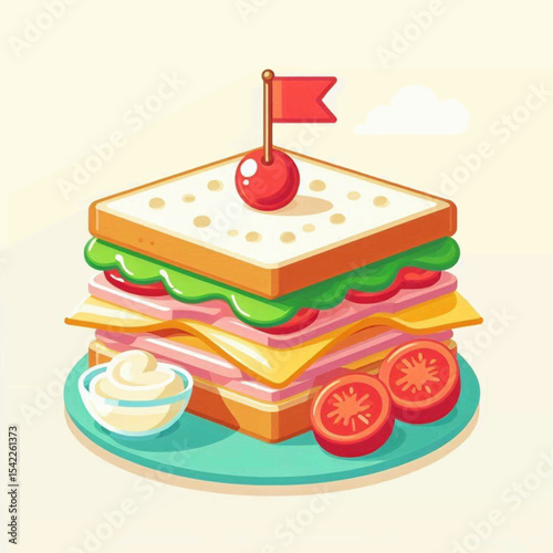 Stacked square sandwich with flag tomatoes mayo bowl on teal plate