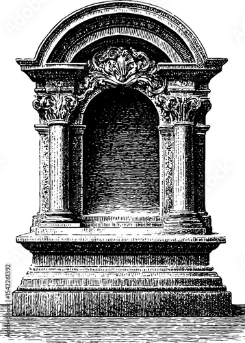 Vintage filigree pediment frame with ornamental engraving design for classic architecture