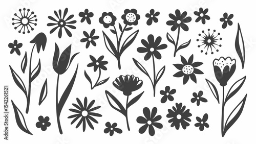 Collection of stylized monochrome floral elements with various flower and leaf shapes and arrangements