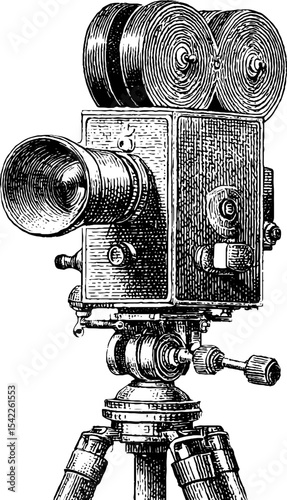 Antique film projector in vintage engraving style for retro design and decor