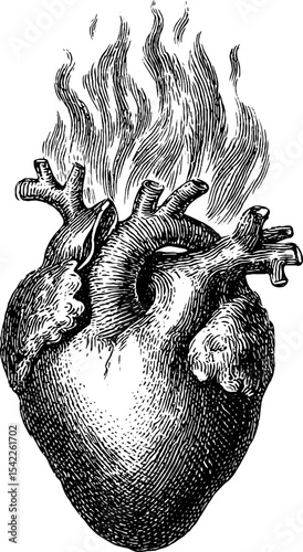 Flaming heart symbol in vintage engraving style for romantic designs