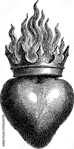 Vintage flaming heart with crown in engraving style for retro design and decorations
