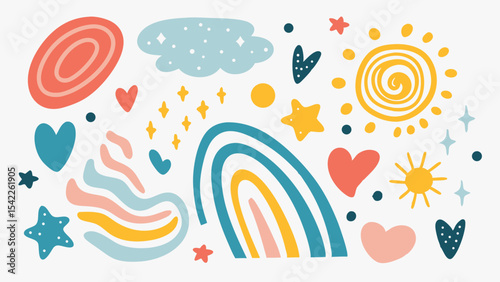 Colorful abstract shapes including suns, hearts, stars, clouds, and a rainbow on a white background