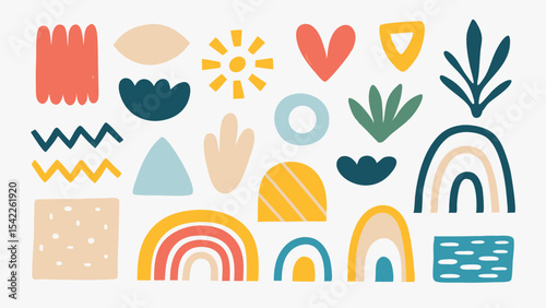 Collection of cheerful hand drawn shapes and rainbow elements on a white background design style modern