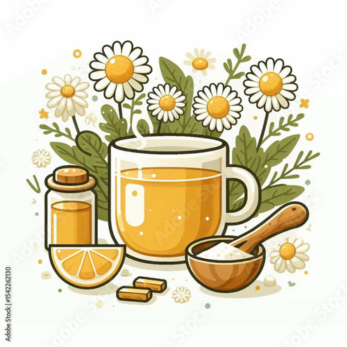 Still life cup of tea chamomile flowers lemon slice honey jar pills bowl of sugar and wooden spoon