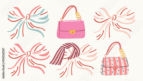 Illustration showing bows, pink handbags, and a striped scarf on a white background style art
