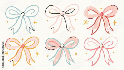 Illustration of six pastel colored bows with sparkle accents on a white background design layout