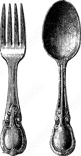 Vintage engraved fork and spoon frame in classic style for culinary design