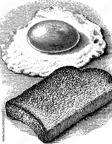 Vintage engraving of fried egg and toast for breakfast art and design