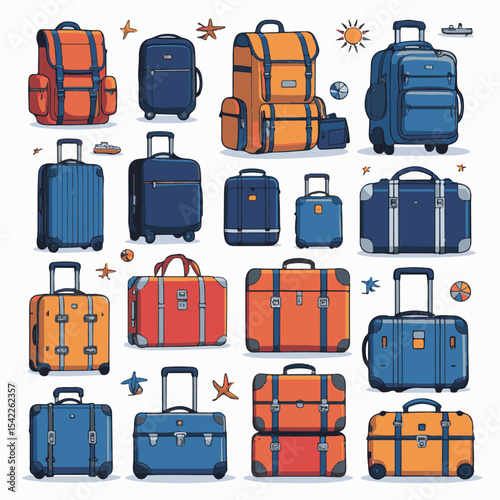 Summer set. Baggage for airport collection. Suitcase, briefcase and other travel bags, hand luggage and elements vector design