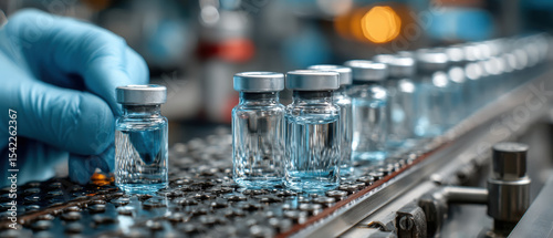 Gloved hand handling vials on a factory production line in pharmaceutical laboratory