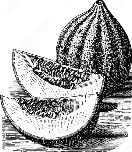 Vintage fruit slices on cutting board engraving for rustic kitchen decor or culinary design