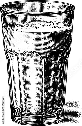 Vintage engraving style glass of fresh milk - classic beverage design for retro art