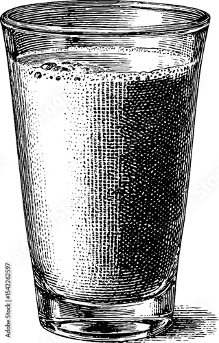 Vintage engraving style glass of fresh milk concept for classic print design